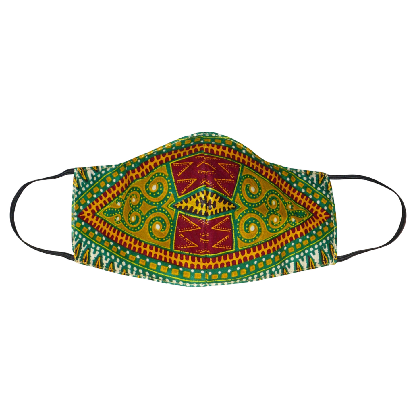Masque facial textile à la coupe ajustée, cousu dans un superbe tissu africain en coton à motifs tribaux, à porter avec des élastiques. En vue d'une utilisation eco-friendly, ce masque est lavable et réutilisable. Il mesure 21 cm de long, et 40 cm en comptant les élastiques, sa hauteur est de 12 cm (du haut du nez jusqu'au menton) et sa largeur sur les côtés de 7 cm.