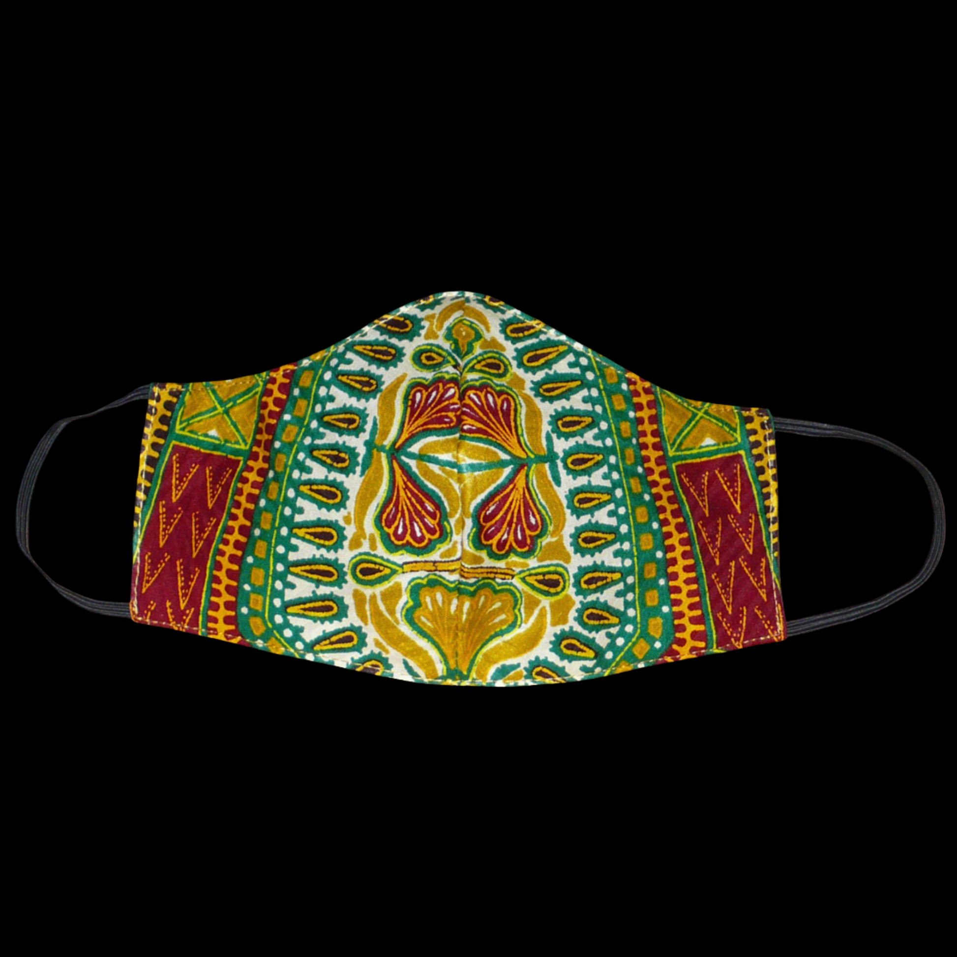 Très beau masque facial en tissu africain en coton imprimé de motifs ethniques et floraux, à porter avec des élastiques. Fabriqué en vue d'un sage eco-responsable, ce masque est lavable et réutilisable.