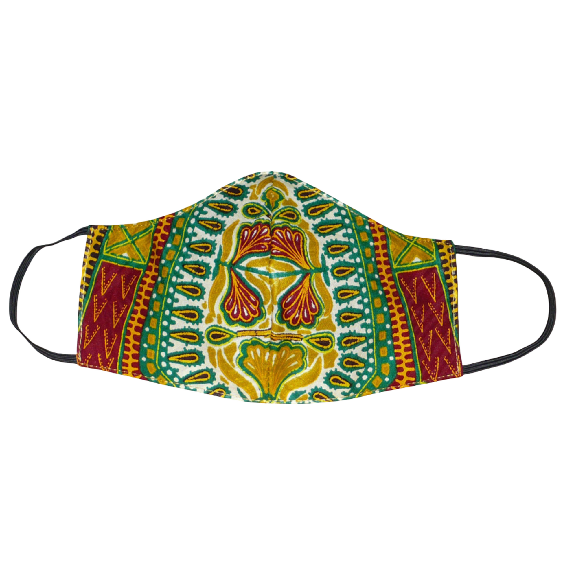 Très beau masque facial en tissu africain en coton imprimé de motifs ethniques et floraux, à porter avec des élastiques. Fabriqué en vue d'un sage eco-responsable, ce masque est lavable et réutilisable.