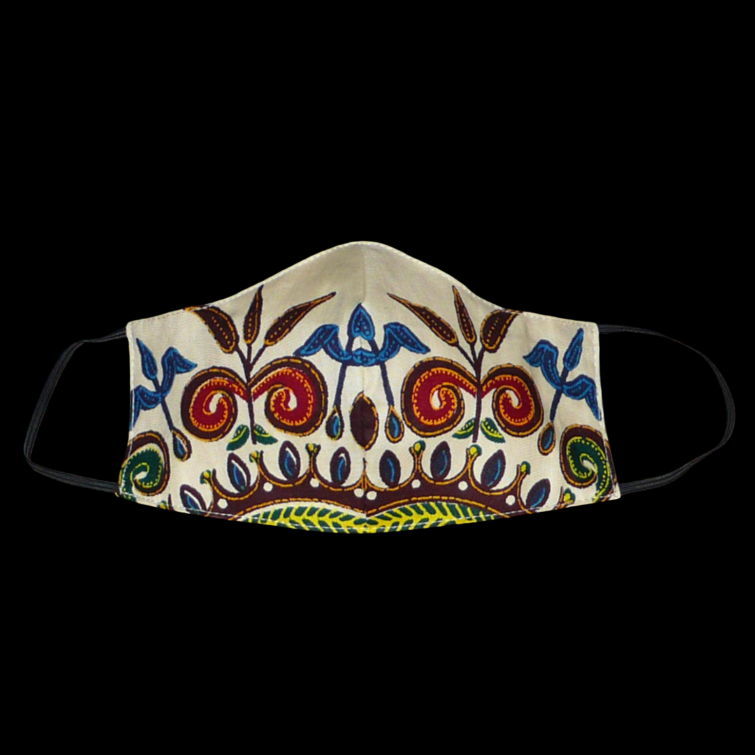 Joli masque textile à la coupe ajustée en tissu africain en coton écru imprimé de motifs floraux multicolores ; il se porte avec des élastiques. En vue d'une utilisation eco-friendly, ce masque est lavable et réutilisable. Il mesure 21 cm de long, et 40 cm en comptant les élastiques, sa hauteur est de 12 cm (du haut du nez jusqu'au menton) et sa largeur sur les côtés de 7 cm.