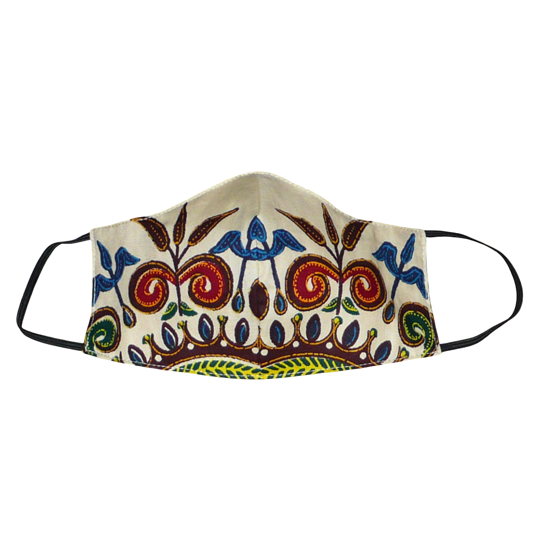 Joli masque textile à la coupe ajustée en tissu africain en coton écru imprimé de motifs floraux multicolores ; il se porte avec des élastiques. En vue d'une utilisation eco-friendly, ce masque est lavable et réutilisable. Il mesure 21 cm de long, et 40 cm en comptant les élastiques, sa hauteur est de 12 cm (du haut du nez jusqu'au menton) et sa largeur sur les côtés de 7 cm.