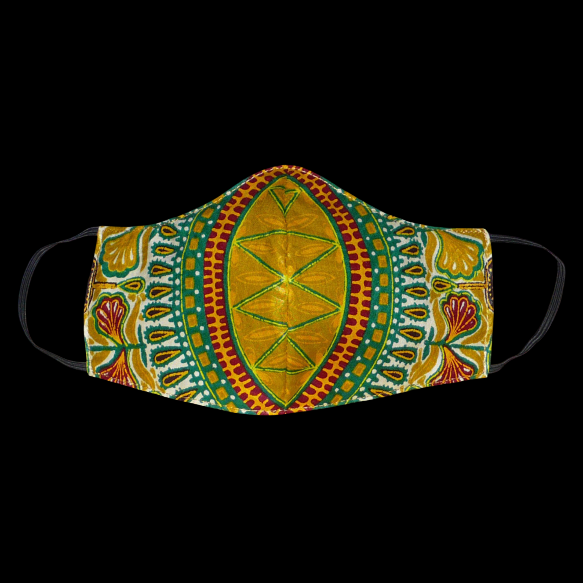 Masque facial en tissu africain jaune moutarde imprimé de motifs exotiques multicolores ; il se porte avec des élastiques. En vue d'un usage eco-responsable, il est lavable et réutilisable.
