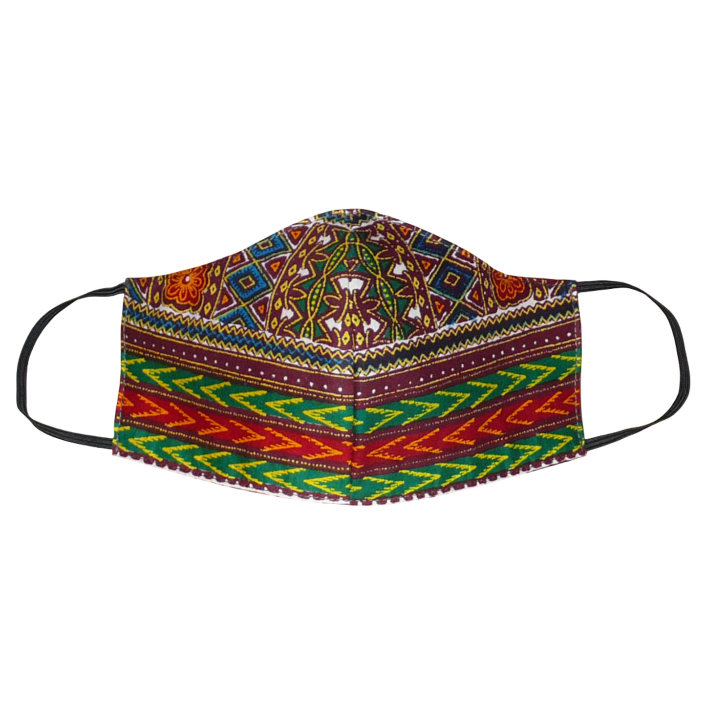 Masque textile à la coupe ajustée en tissu africain en coton imprimé de motifs ethniques multicolores ; à porter avec des élastiques. En vue d'une utilisation eco-friendly, ce masque est lavable et réutilisable. Il mesure 21 cm de long, et 40 cm en comptant les élastiques, sa hauteur est de 12 cm (du haut du nez jusqu'au menton) et sa largeur sur les côtés de 7 cm. 