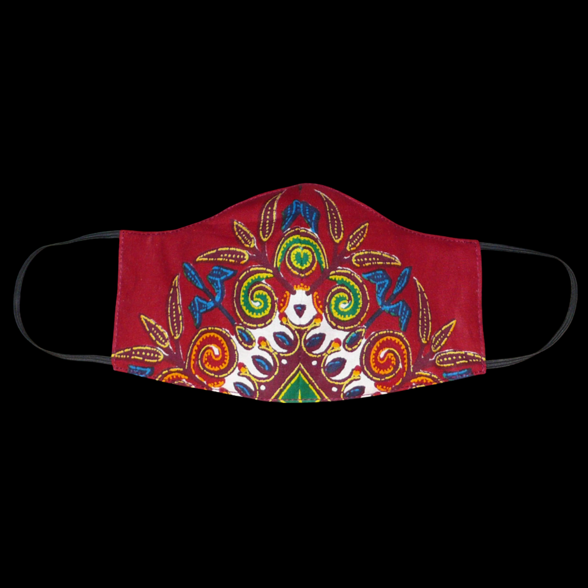 Très beau masque facial textile en tissu africain bordeaux décoré de jolis motifs exotiques floraux multicolores. Conçu dans une optique eco-responsable, ce masque est lavable et réutilisable.