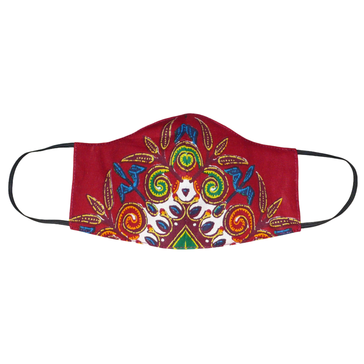 Très beau masque facial textile en tissu africain bordeaux décoré de jolis motifs exotiques floraux multicolores. Conçu dans une optique eco-responsable, ce masque est lavable et réutilisable.