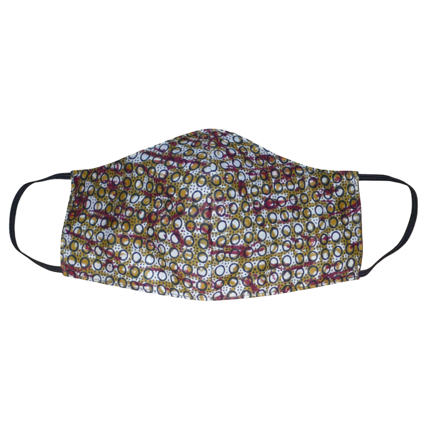 Masque facial textile ajusté coupé dans un tissu africain en coton imprimé à motifs ; il se porte avec des élastiques. En vue d'une utilisation eco-friendly, ce masque est lavable et réutilisable. Il mesure 21 cm de long, et 40 cm en comptant les élastiques, sa hauteur est de 12 cm (du haut du nez jusqu'au menton) et sa largeur sur les côtés de 7 cm.