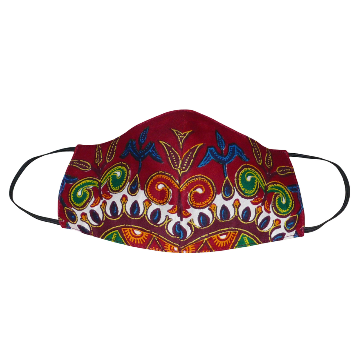 Masque facial textile à la coupe ajustée, cousu dans un tissu en coton bordeaux imprimé de motifs exotiques floraux multicolores.