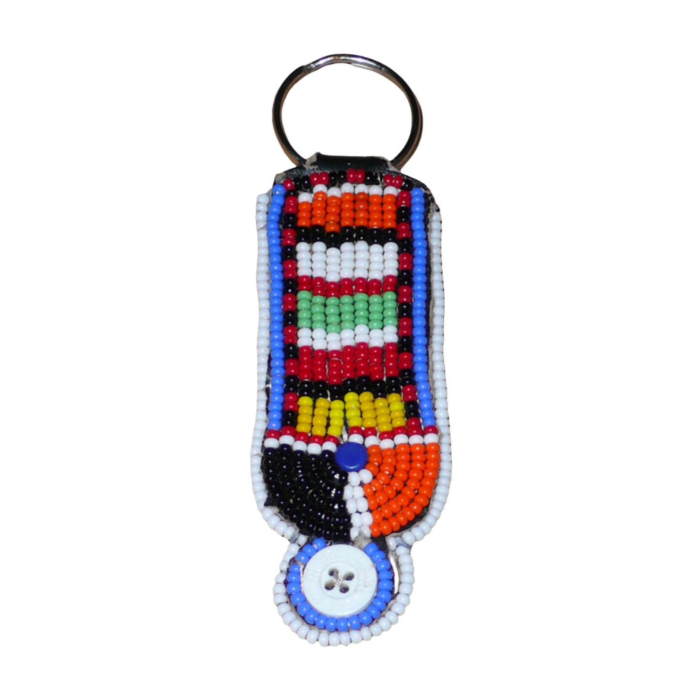 Porte-clés africain à motifs traditionnels Massai composé de perles de rocaille multicolores et de boutons brodés sur un morceau de cuir. Ce porte-clés, brodé sur les deux faces, mesure 10,5 cm de long et 3 cm de large.
