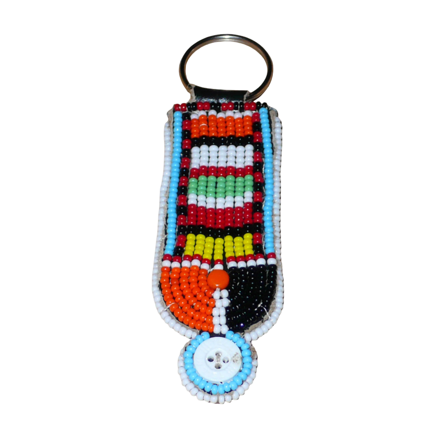 Porte-clés africain à motifs ethniques Massai composé de perles de rocaille multicolores et de boutons brodés sur un morceau de cuir. Ce porte-clés, brodé sur les deux faces, mesure 10,5 cm de long et 3 cm de large.