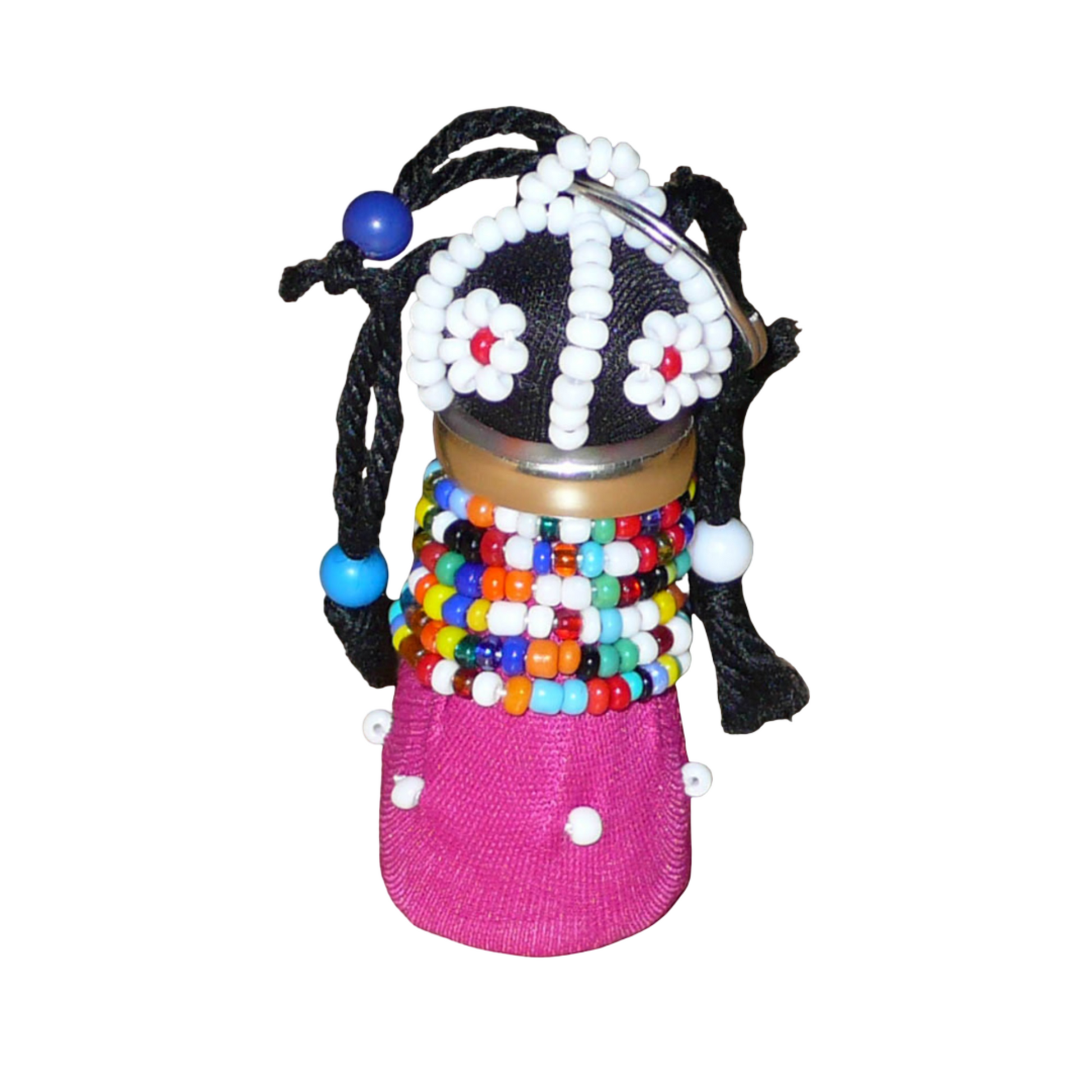 Porte-clés africain en forme de poupée Ndebele fabriqué avec du tissu en coton rose et noir, de la laine, de l'acier, et des perles de rocaille et de plastique multicolores.