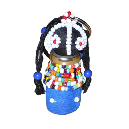 Porte-clés sud-africain traditionnel en forme de poupée Ndebele bleue, noire et multicolore.