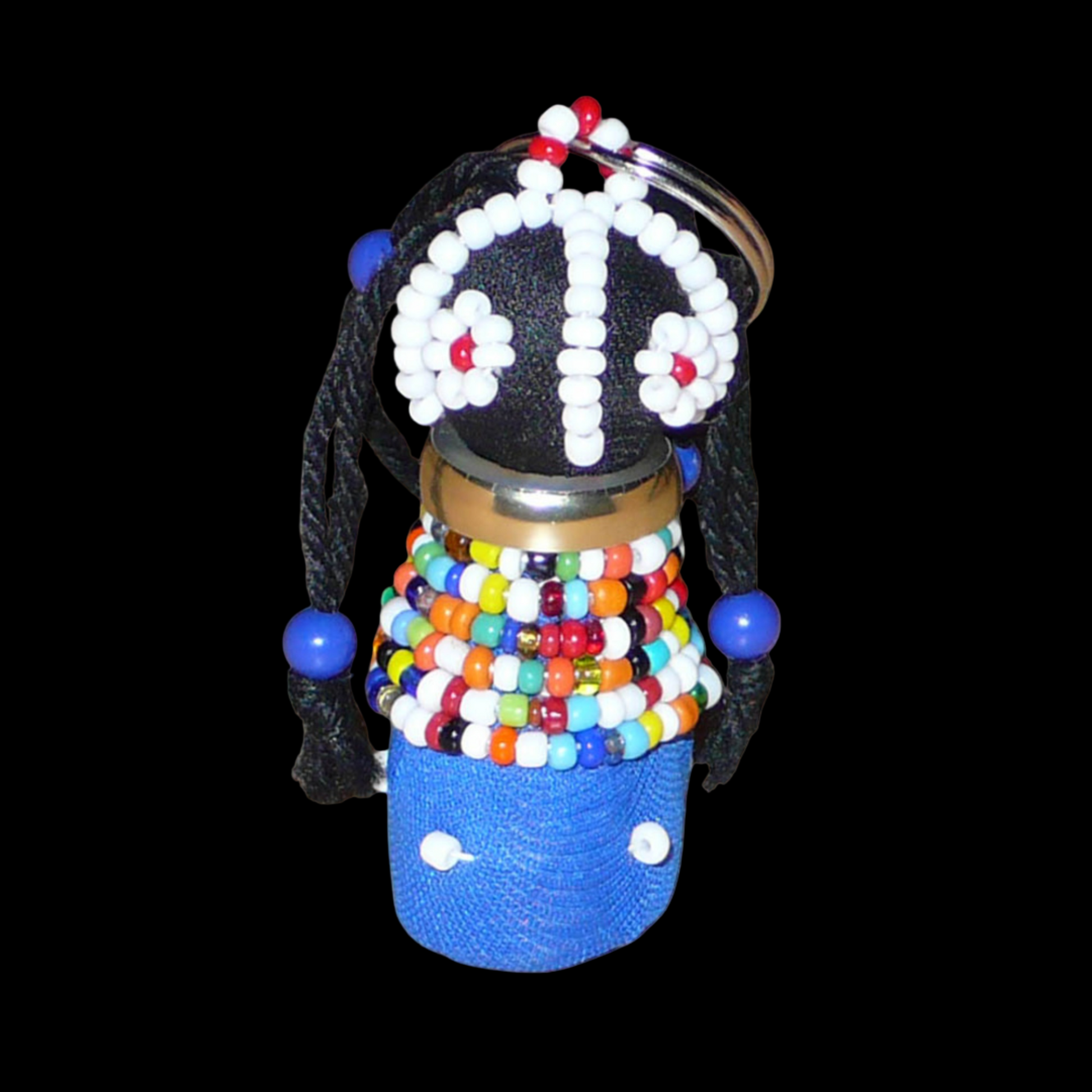 Porte-clés sud-africain traditionnel en forme de poupée Ndebele bleue, noire et multicolore.
