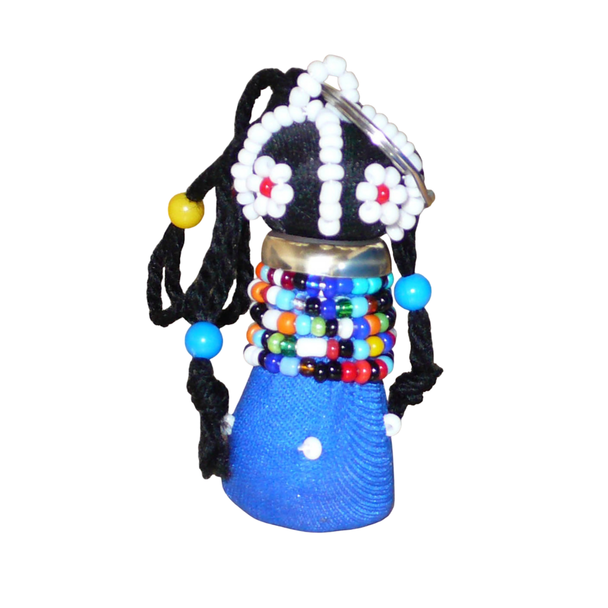 Porte-clés sud-africain en forme de poupée tribale Ndebele composé de tissu en coton bleu et noir, de laine, de laiton, et de perles multicolores.
